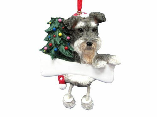 Schnauzer Ornament Gray and White w Unique "Dangling Legs" Hand Painted Ornament
