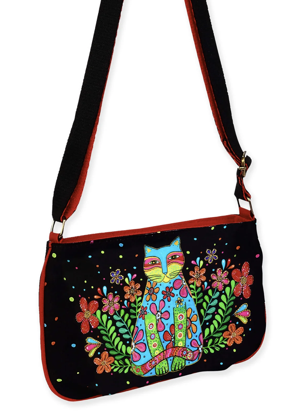 Laurel Burch Kaleidoscope Kat Cat Small Black Crossbody Bag, 9.5 x 7 inches