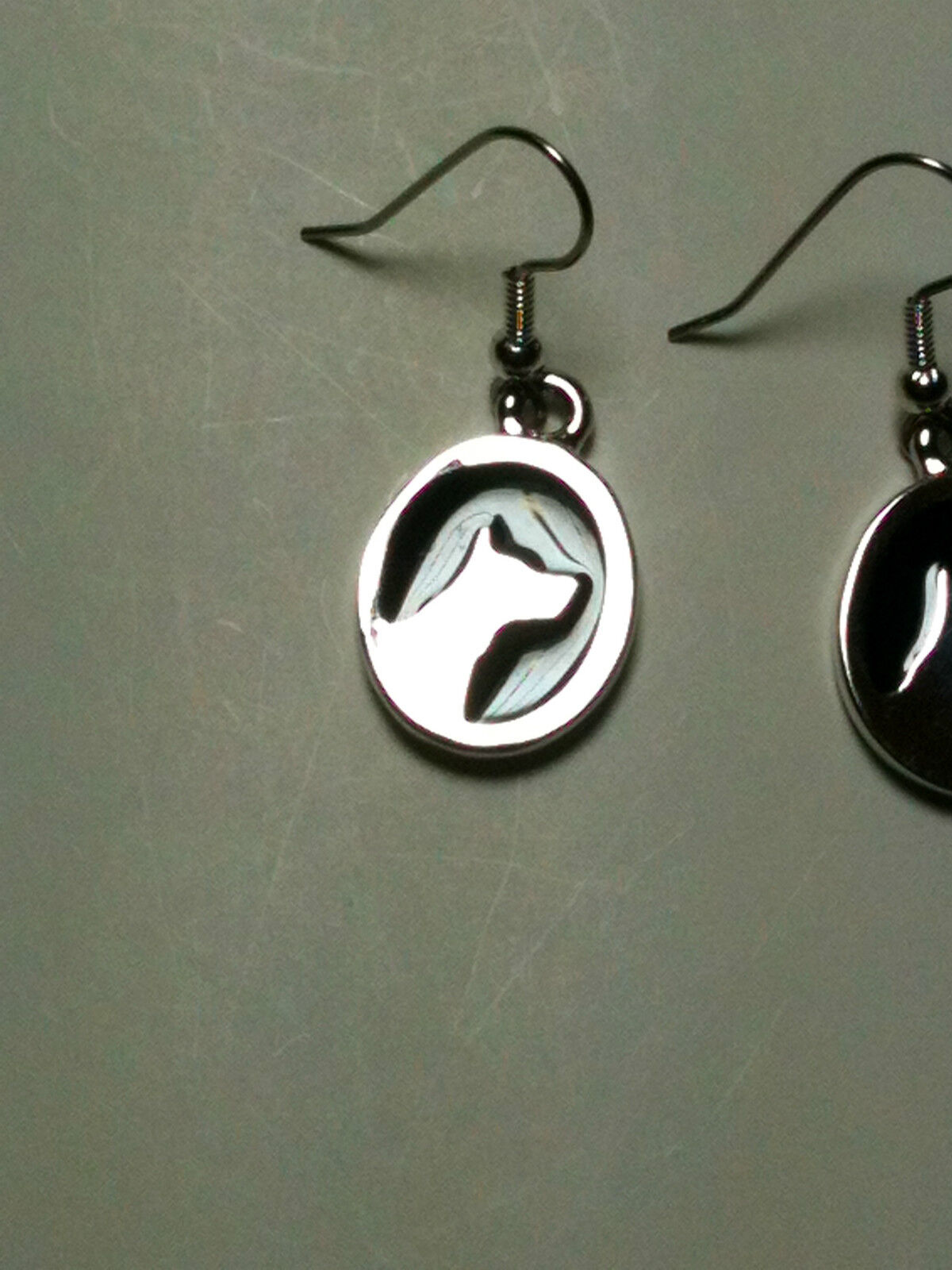 Silver Oval Dog Outline Enameled Earrings