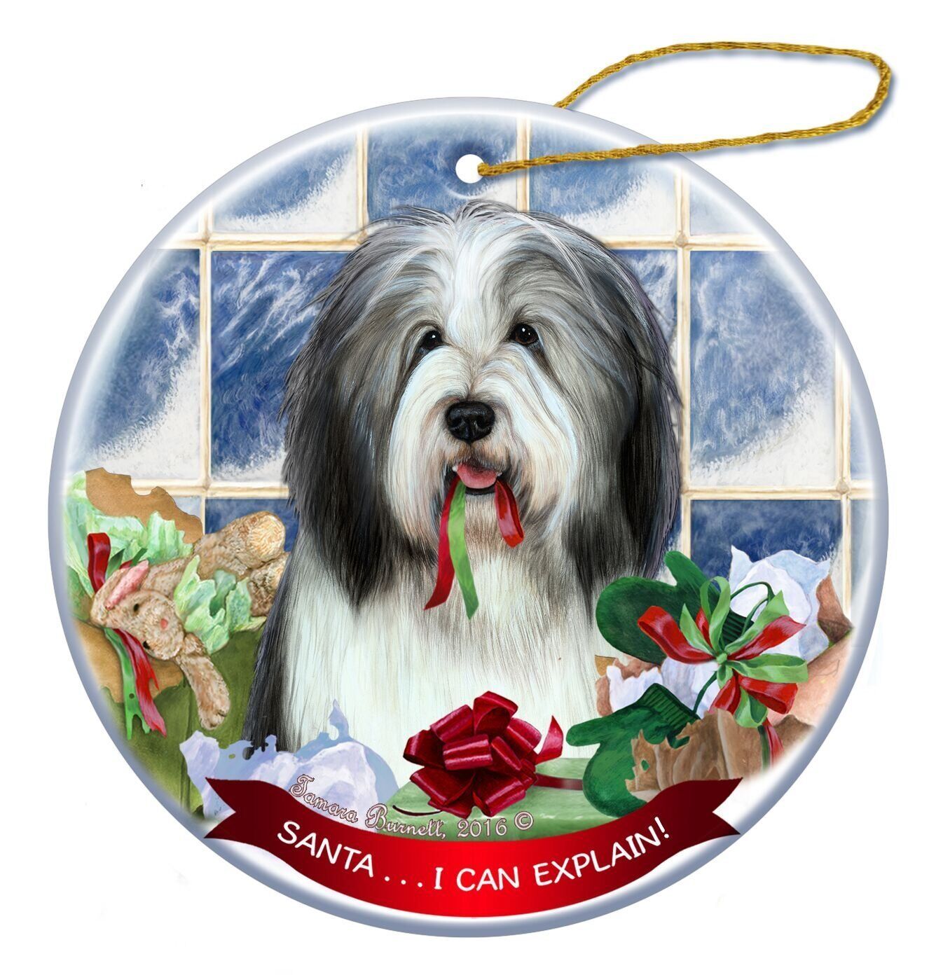 Bearded Collie Grey and White Dog Porcelain Ornament Santa I Can Explain!