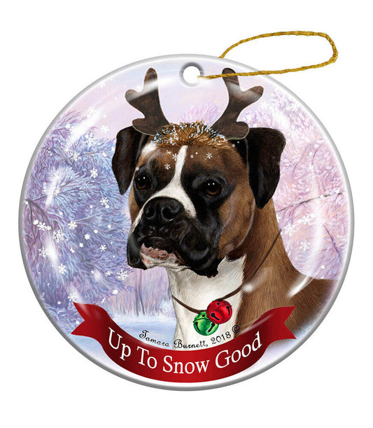 Holiday Pet Fawn Boxer Uncropped Reindeer Dog Porcelain Christmas Ornament