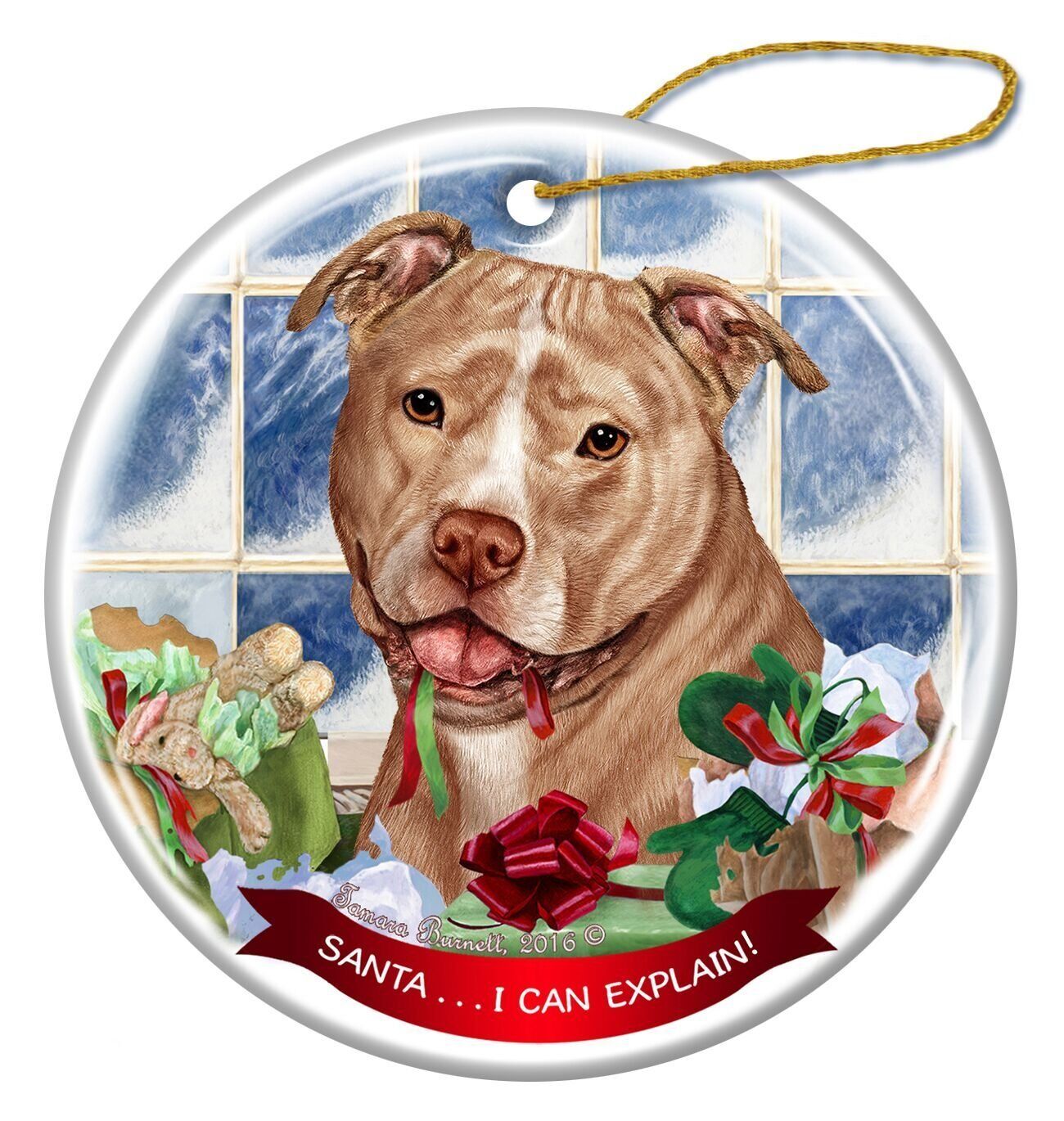 Cream and White Pit Bull Uncropped Dog Porcelain Ornament 'Santa. I Can Explain!