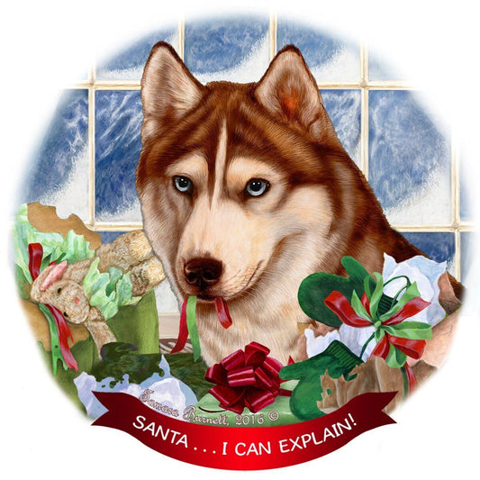 Siberian Husky, Red & White Dog Porcelain  Ornament 'Santa.. I Can Explain!'