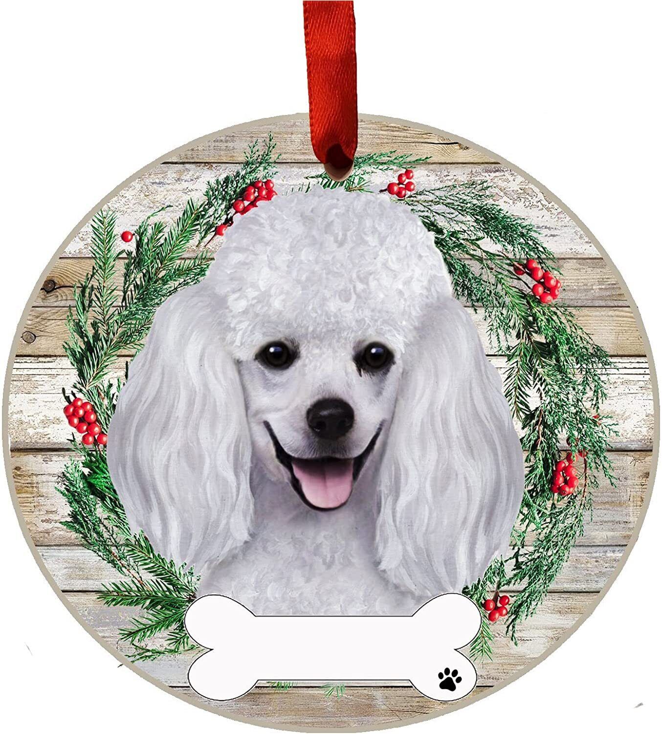 White Poodle Ornament - E&S Pets, DIY Personalizable, Ceramic Round Ornament