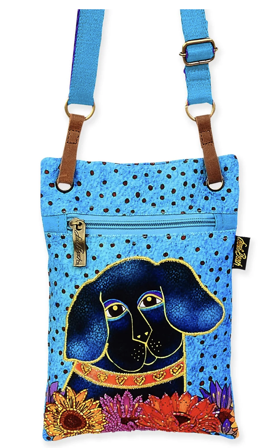 Laurel Burch Matisse in Flowers Black Dog Crossbody Bag Purse, 6" x 9"