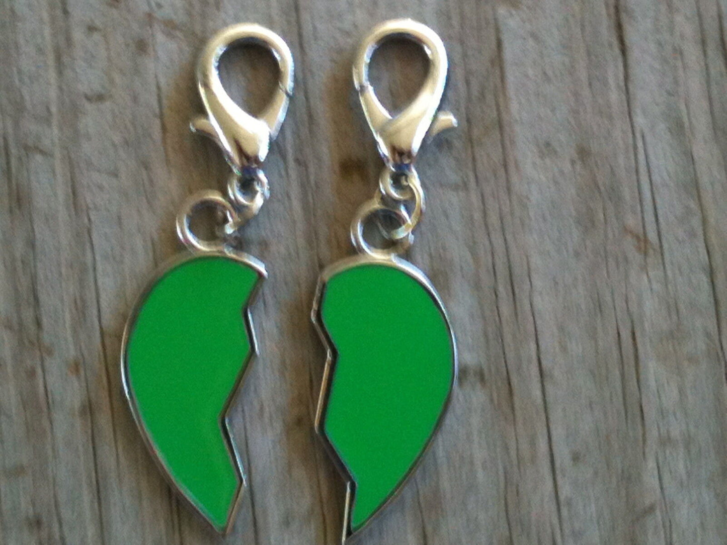 Silver Plated set of 2 Half Hearts Green Hand Enameled Collar Charm/Zipper pulls
