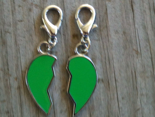 Silver Plated set of 2 Half Hearts Green Hand Enameled Collar Charm/Zipper pulls