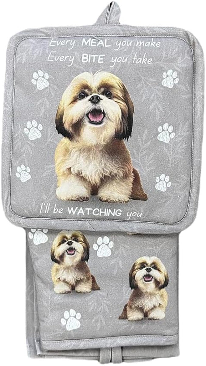 E&S Pets Tan Shih Tzu 3 Piece Kitchen Set -  Oven Mitt, Towel, Pot Holder