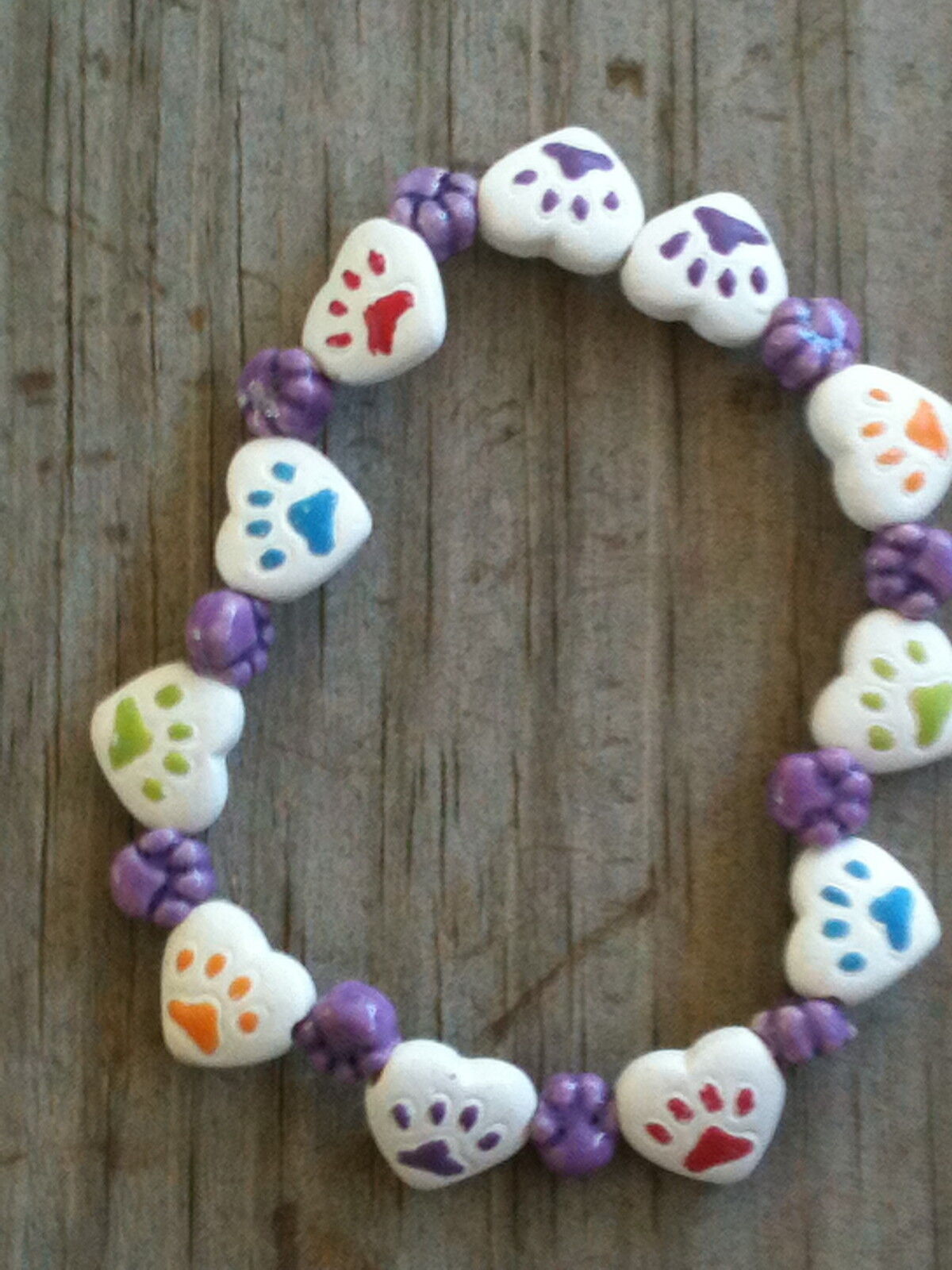 Hand-painted Ceramic Multicolored Heart Paw Print 6" Stretchy Bracelet