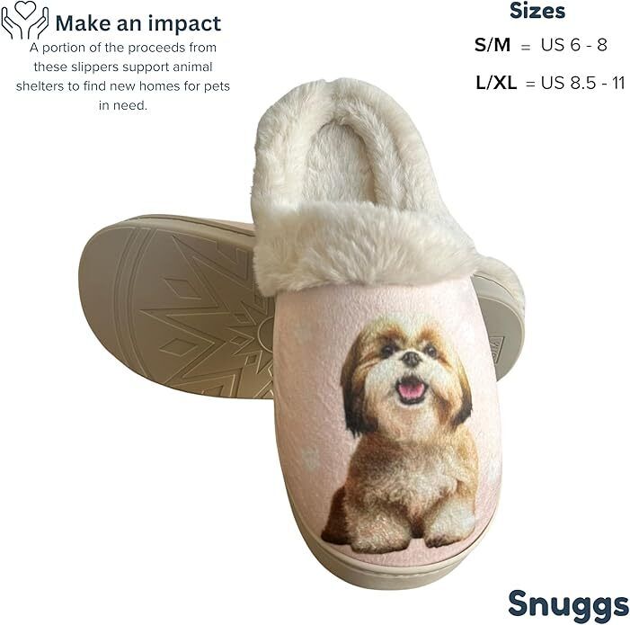 E&S Pets Tan Shih Tzu Snugg Slippers for Pet Lovers - Fuzzy Memory Foam, L/XL