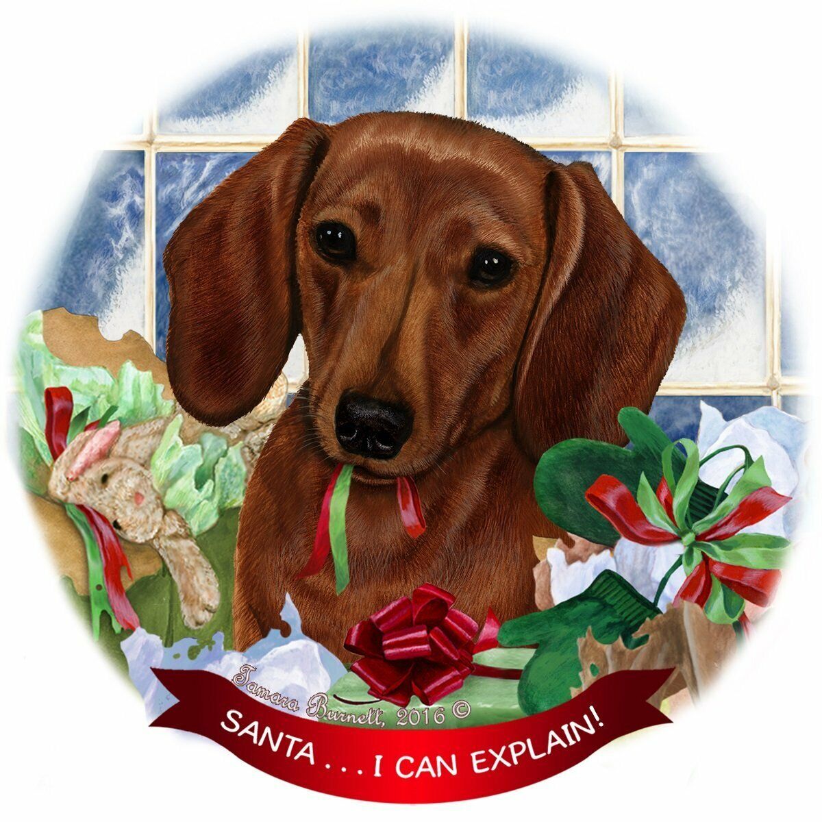 Red Short Hair Dachshund Dog Porcelain Ornament 'Santa.. I Can Explain!'