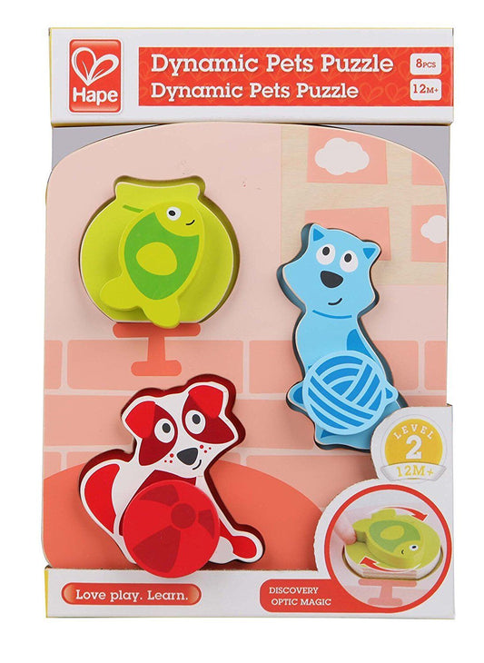 Hape Dynamic Pet, Cat, Dog, & Fish 3-Piece Wooden Puzzle for Toddlers