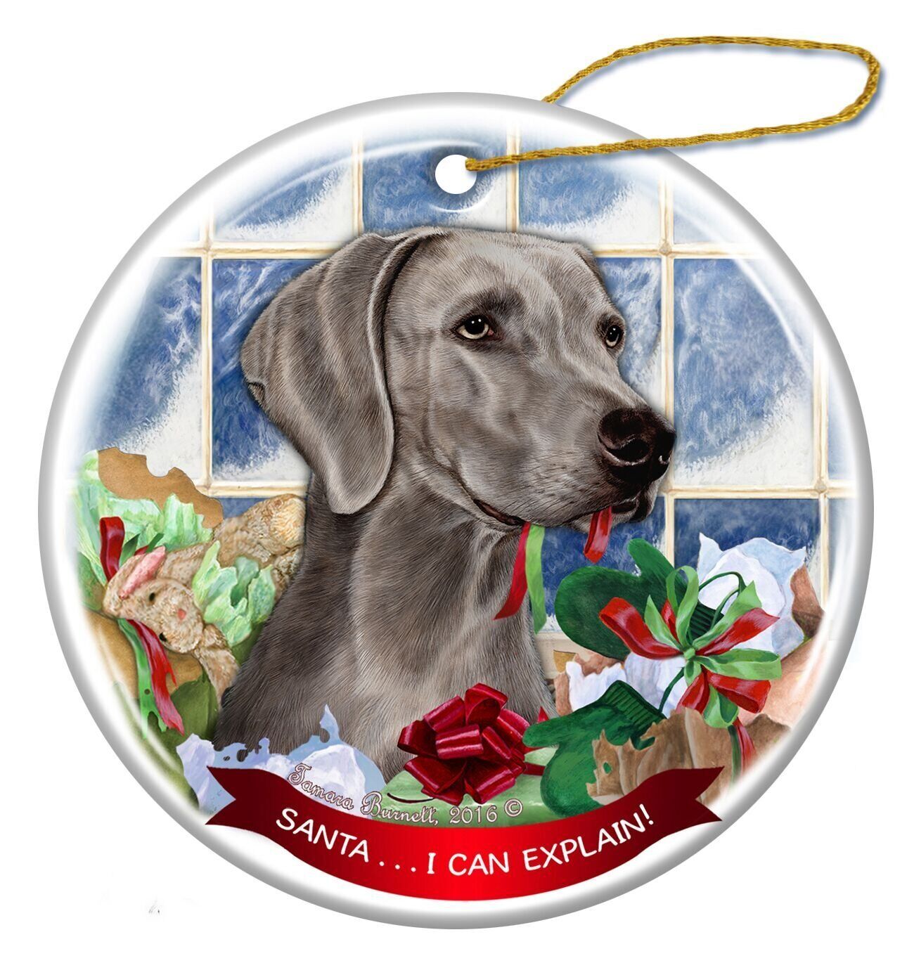 Weimaraner Dog Porcelain Hanging Ornament Pet Gift 'Santa.. I Can Explain!'