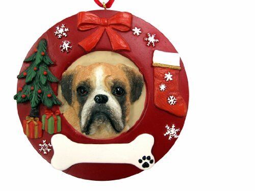 E&S Pets Boxer Uncropped Christmas Ornament Wreath Shaped Easily Personalized