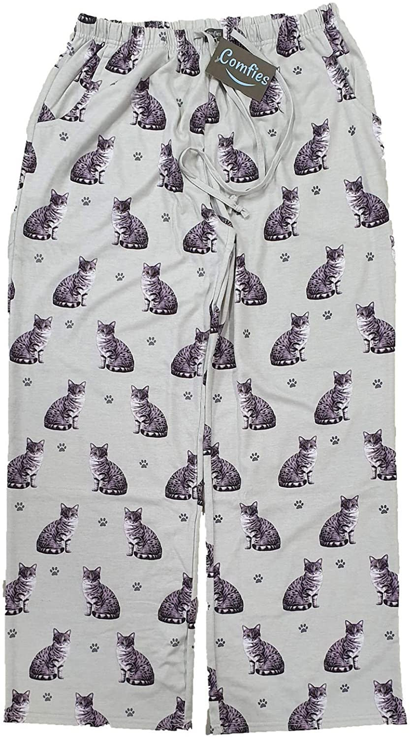 Comfies Unisex Cat Pajama Bottoms with Silver Tabby Cat and Paw Prints (X-Large)