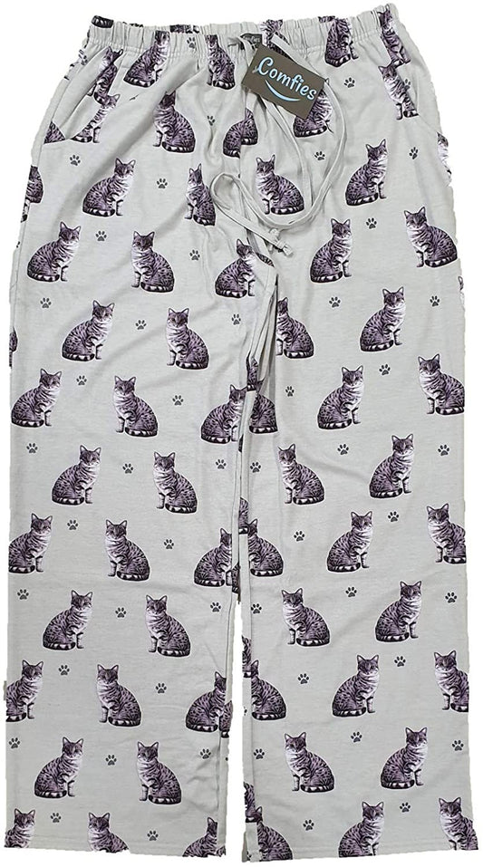 Comfies Unisex Cat Pajama Bottoms with Silver Tabby Cat and Paw Prints (X-Large)
