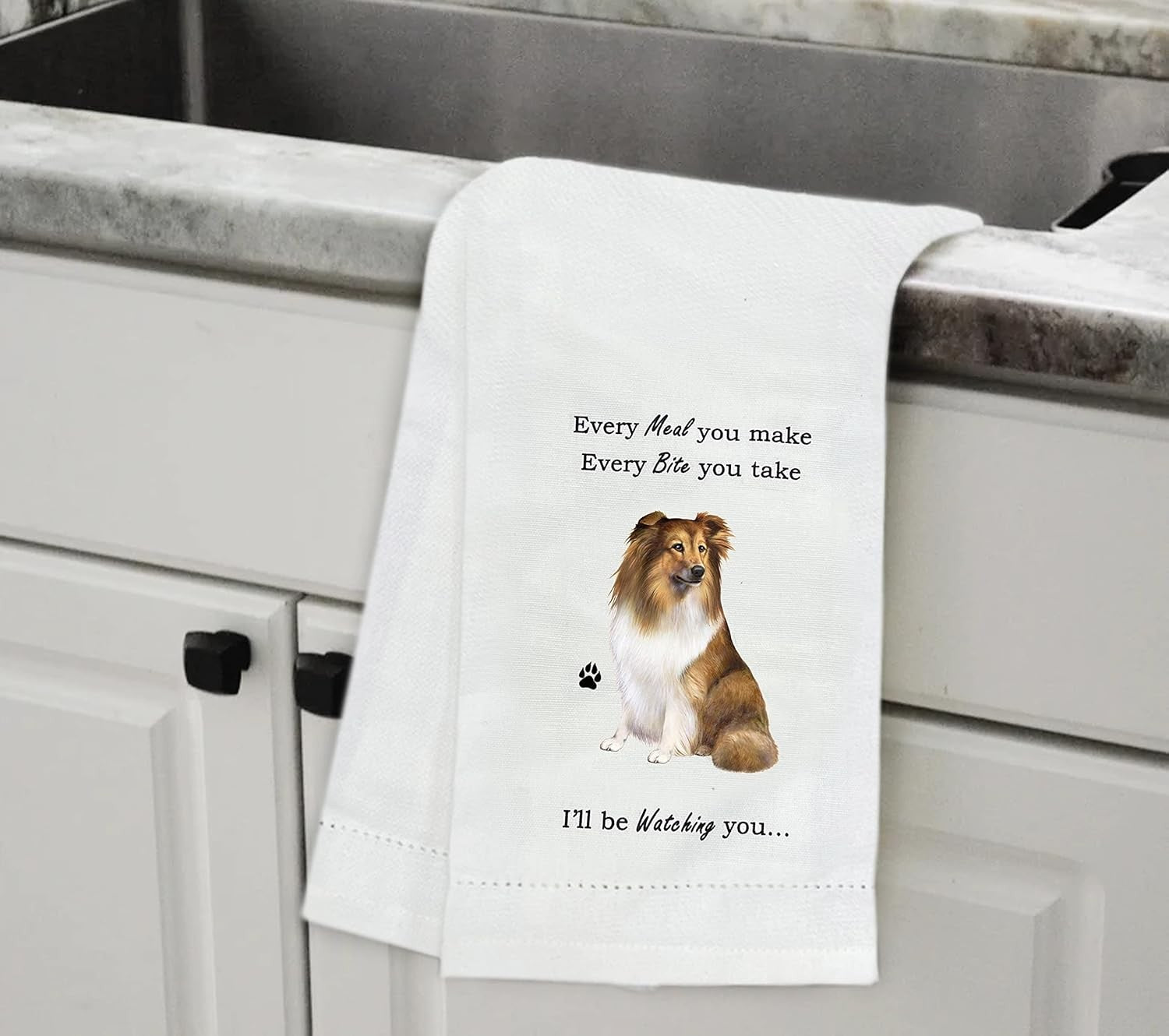 E&S Pets 711-37 Sheltie, Shetland Sheepdog Dog Kitchen Towel, Off-white