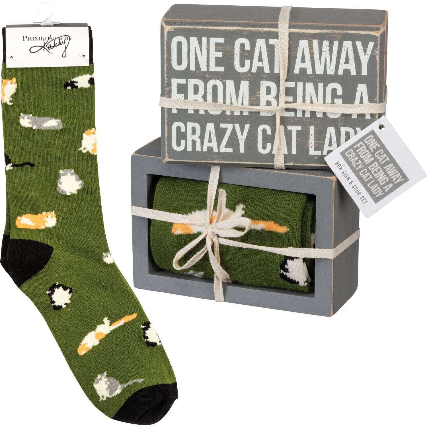 Primitives by Kathy Box Sign/Sock Set - One Cat Away from Crazy Cat Lady