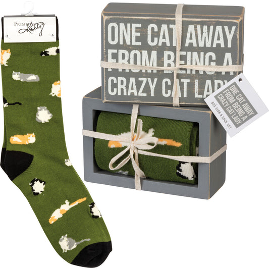 Primitives by Kathy Box Sign/Sock Set - One Cat Away from Crazy Cat Lady