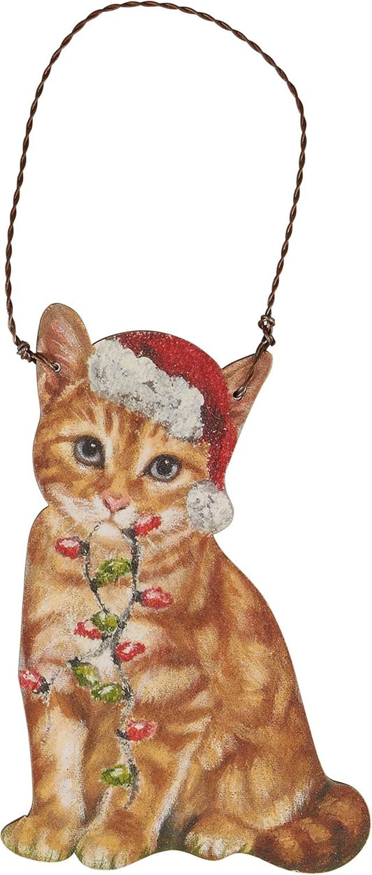 Primitives By Kathy Orange Cat with Santa Hat and Scarf Wooden Christmas