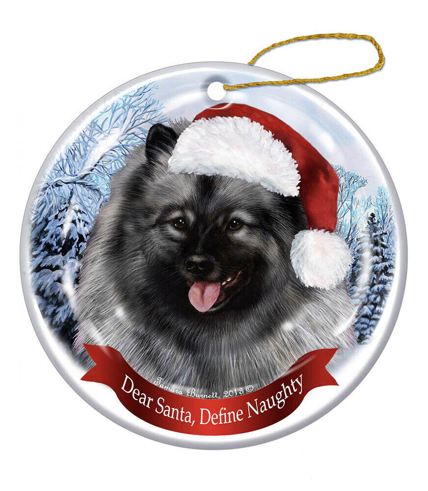 Holiday Pet Gifts Keeshond Santa Hat Dog Porcelain Christmas Tree Ornament