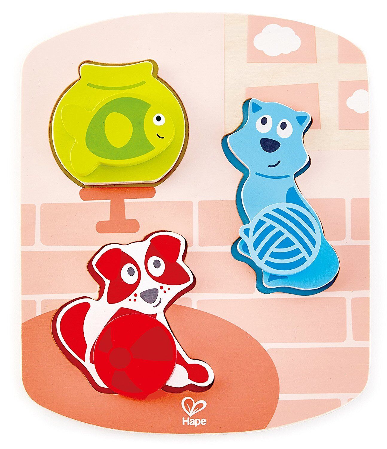 Hape Dynamic Pet, Cat, Dog, & Fish 3-Piece Wooden Puzzle for Toddlers