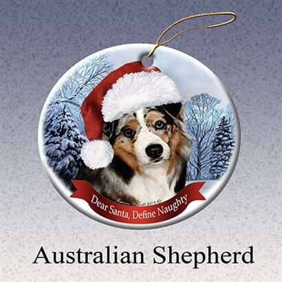 Australian Shepherd Dog Santa Hat Christmas Ornament Porcelain China USA-made