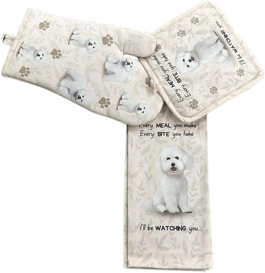 E&S Pets Bichon Frise Dog 3 Piece Kitchen Set -  Oven Mitt, Towel, Pot Holder