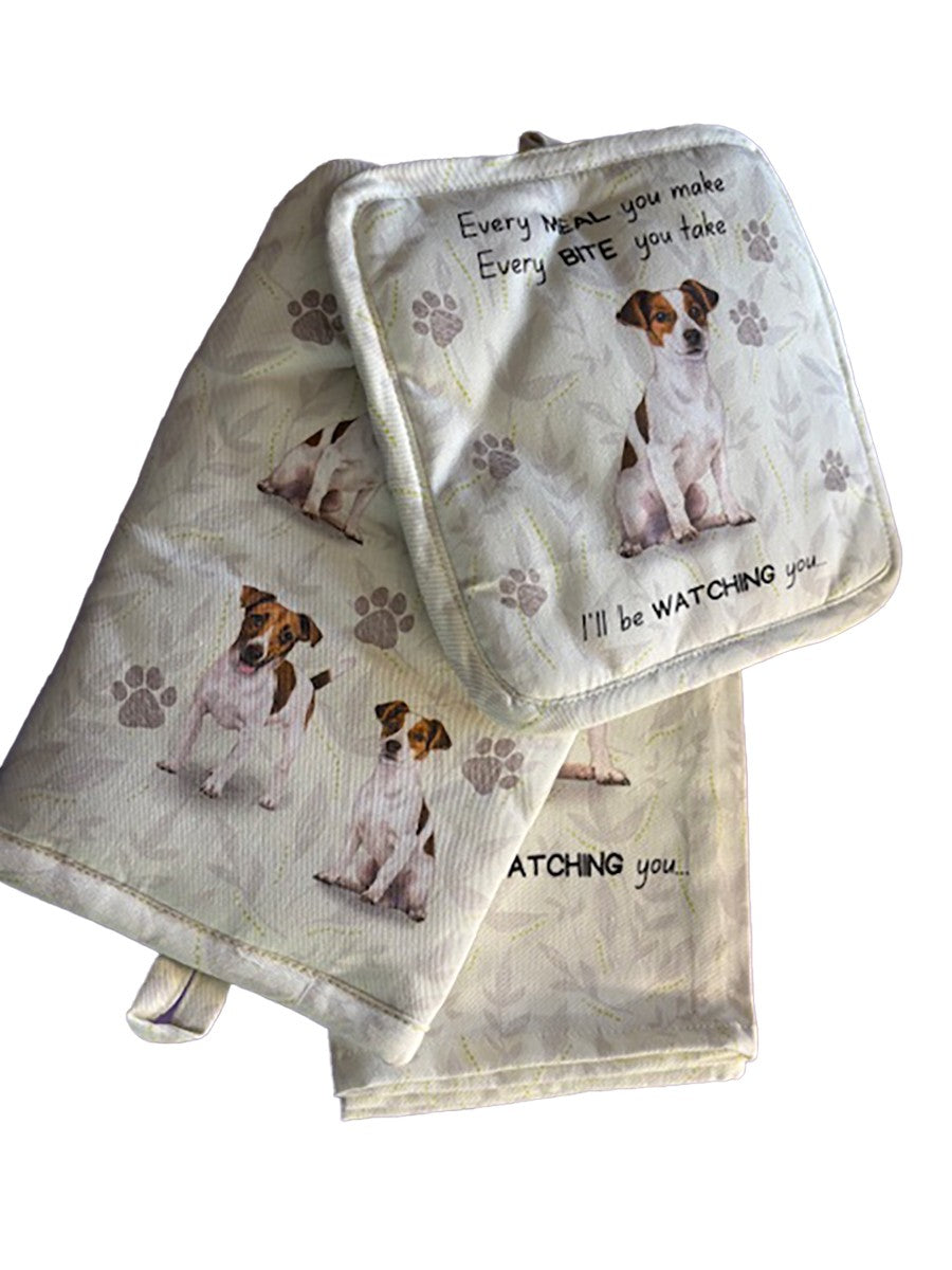 E&S Pets Jack Russell Terrier 3 Piece Kitchen Set - Oven Mitt, Towel, Pot Holder