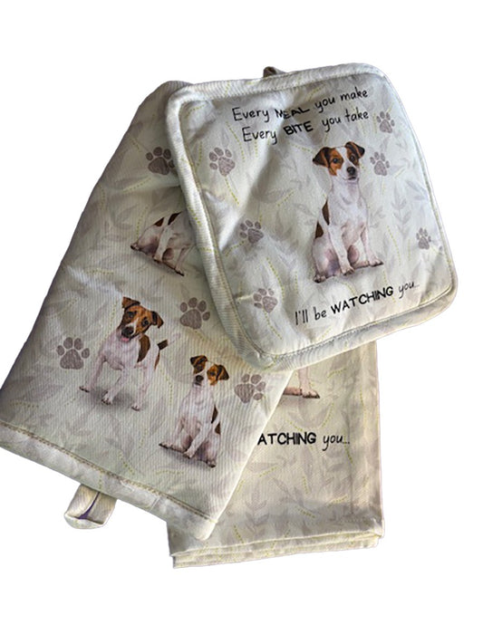 E&S Pets Jack Russell Terrier 3 Piece Kitchen Set - Oven Mitt, Towel, Pot Holder