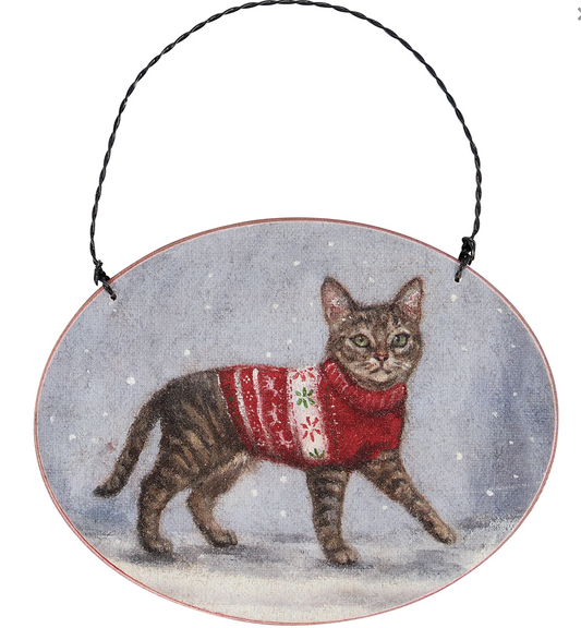 Primitives By Kathy Cozy Tabby Cat with Sweater Wooden Christmas Ornament