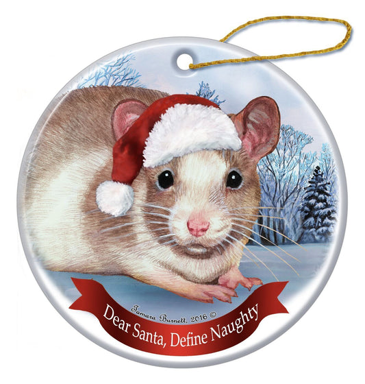 Holiday Pet Gifts Fawn and White Rat Santa Hat Porcelain Christmas Tree Ornament