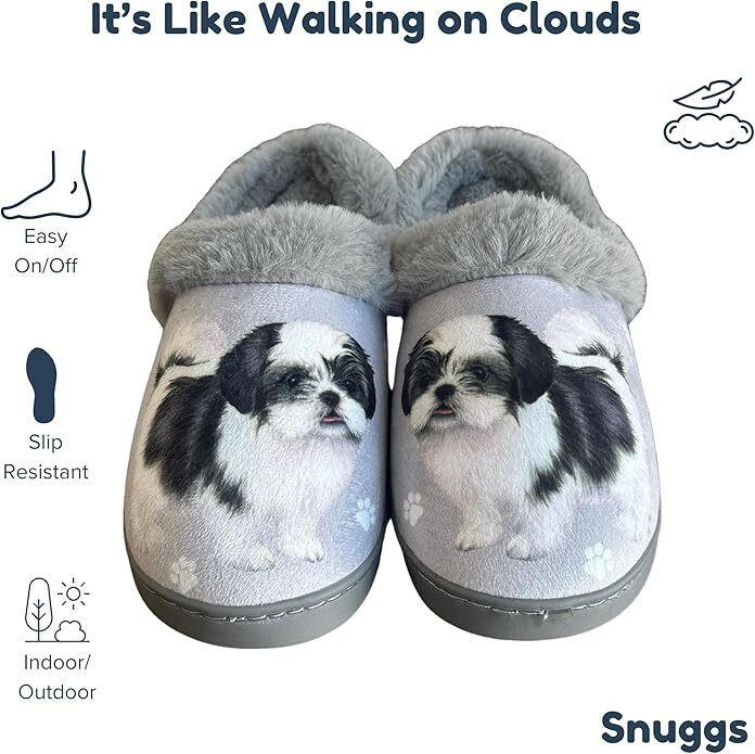 E&S Pets Black Shih Tzu Snugg Slippers for Pet Lovers - Fuzzy Memory Foam, S/M