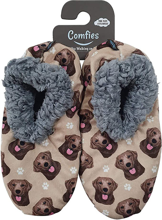 Comfies Womens Chocolate Lab Dog Slippers - Sherpa Lined Animal Print Booties