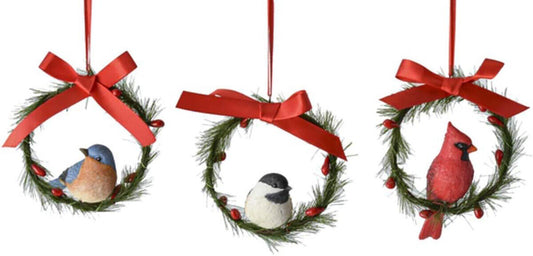 Ganz MX179718 Cardinal, Bluebird,Chickadee Wreath Ornaments, Set of 3, 4.75"