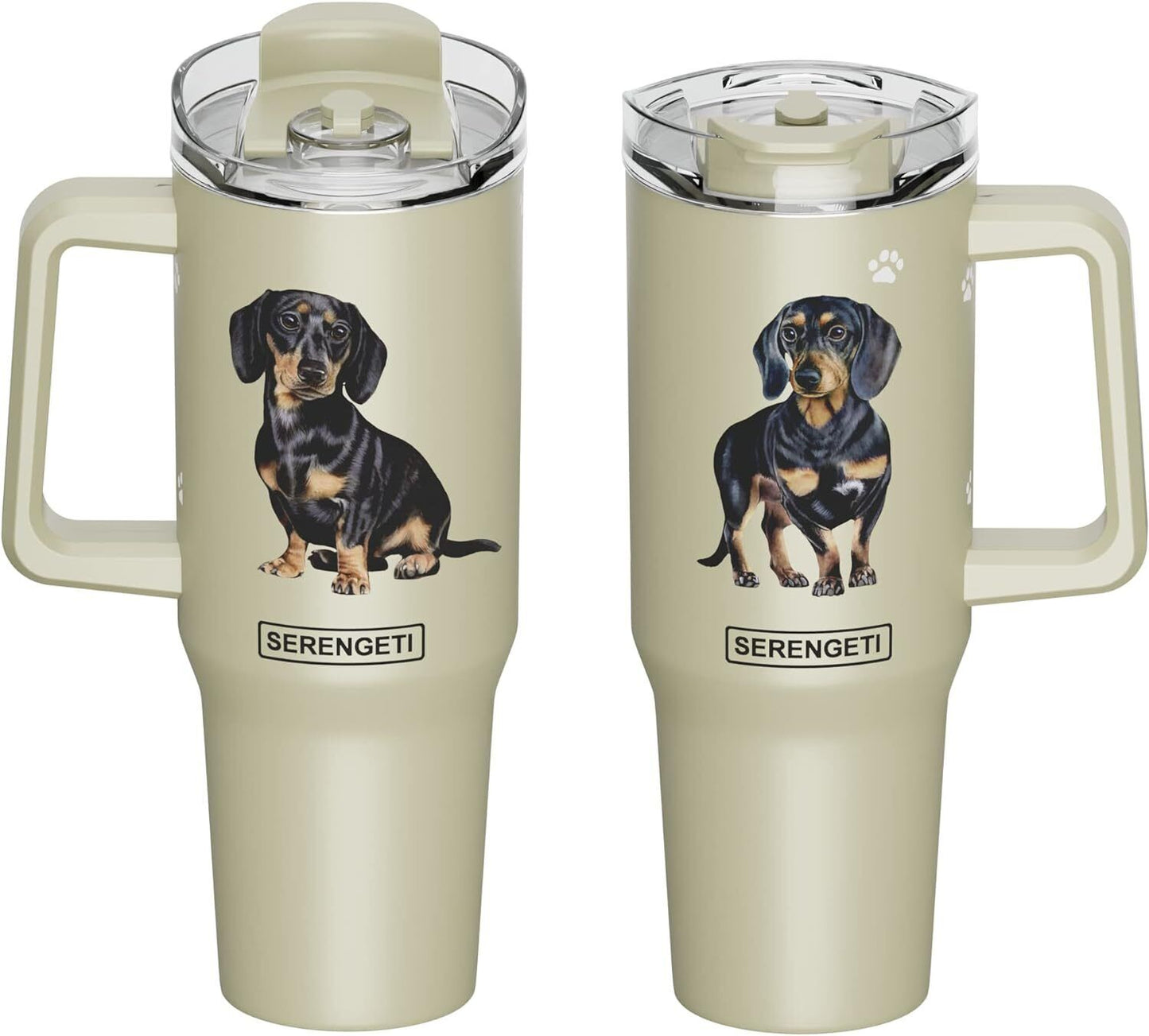 Serengeti 40 Oz Black Dachshund Stainless Steel Tumbler w Handle, Straw & Lid