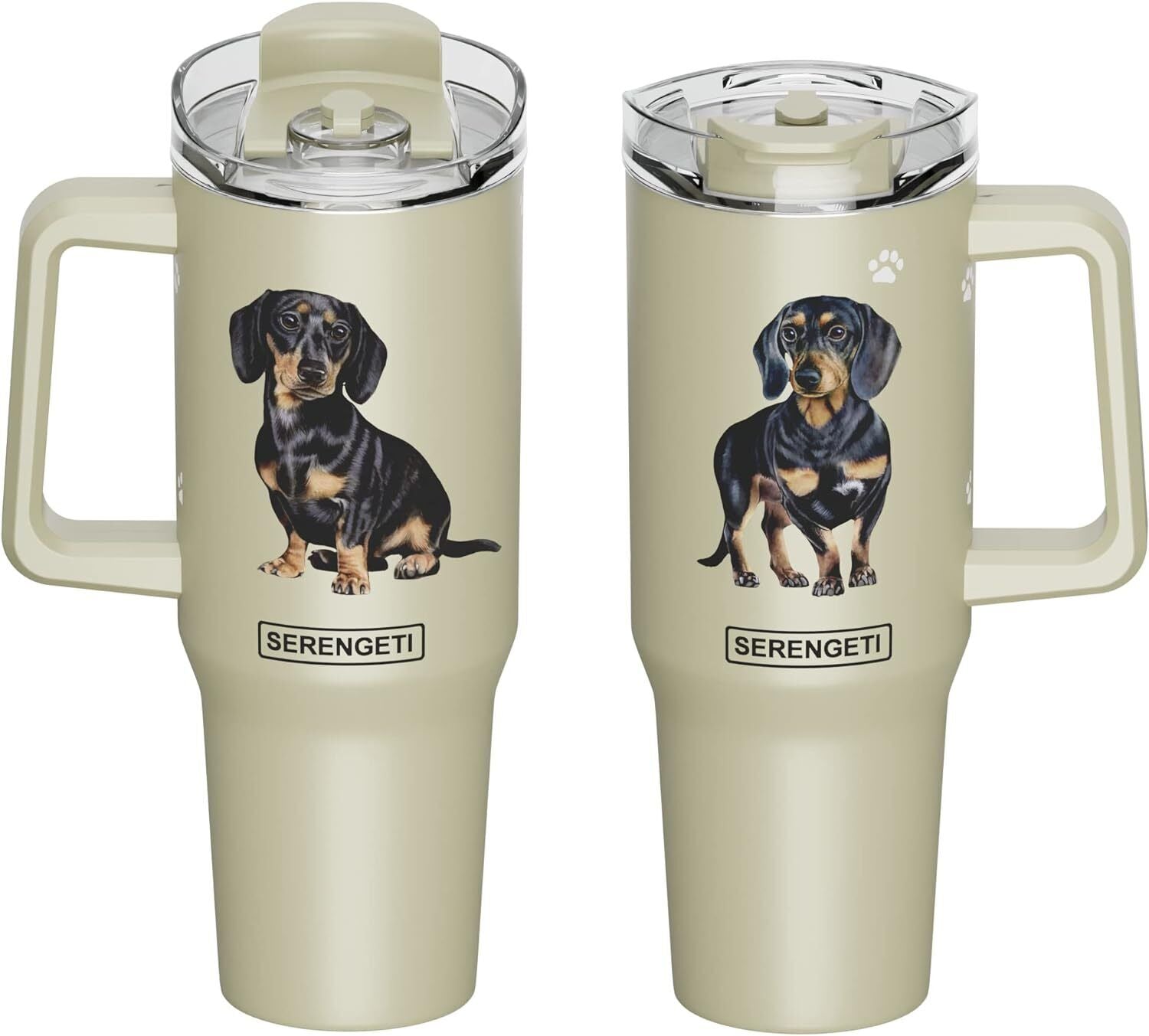 Serengeti 40 Oz Black Dachshund Stainless Steel Tumbler w Handle, Straw & Lid