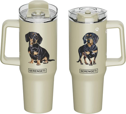 Serengeti 40 Oz Black Dachshund Stainless Steel Tumbler w Handle, Straw & Lid