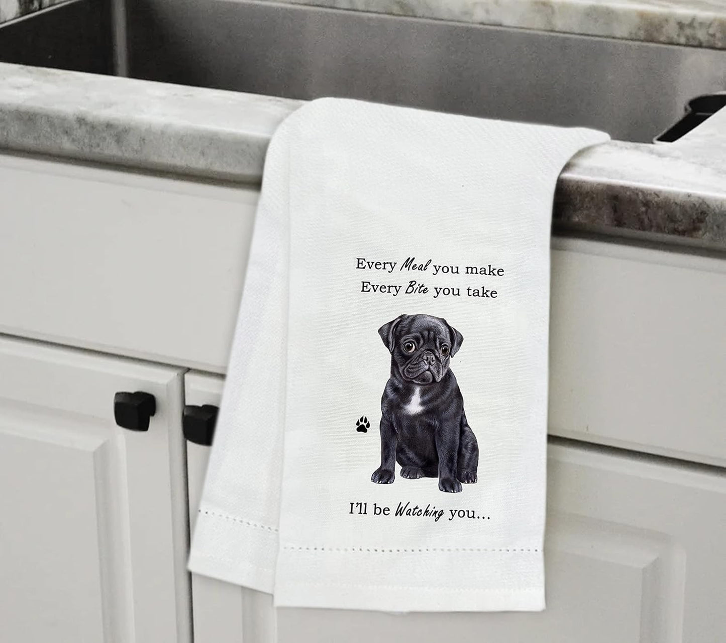 E&S Pets 711-32 Black Pug Dog Kitchen Towel, Off-white
