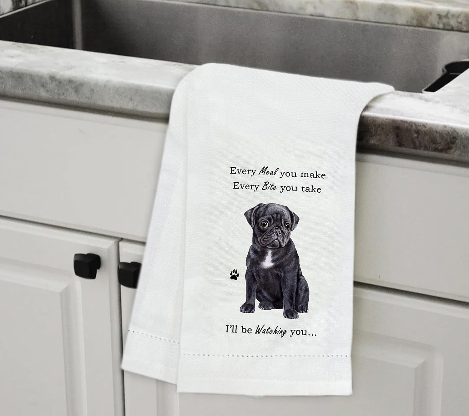 E&S Pets 711-32 Black Pug Dog Kitchen Towel, Off-white