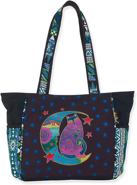 Laurel Burch Moonside Cat Feline Medium Shoulder Tote, 16" x 4" x 10"
