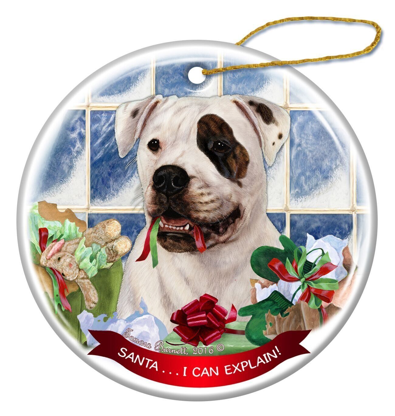 American Bulldog Brindle Eye Patch Porcelain Ornament Santa I Can Explain!