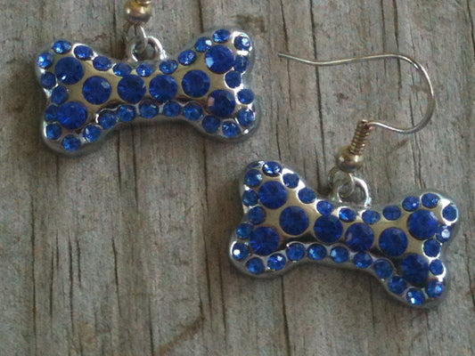 Royal Blue Sparkling Crystal Bone Dog Earrings