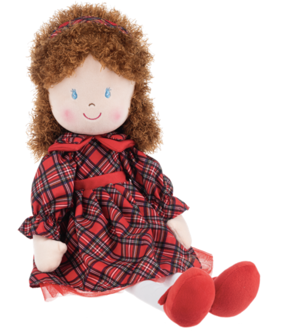Ganz Faith Rag Doll with Brown Hair with a Red Holiday Tartan Dress , 20" H