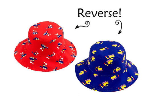 FlapJackKids Reversible Baby Sunhat UPF 50+ X-Small (0 - 6 mo) - Digger / Train