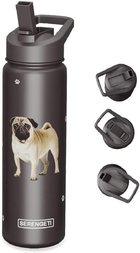 E&S Pets Stainless Steel Water Bottle 24 Oz., Spill Proof (Pug)