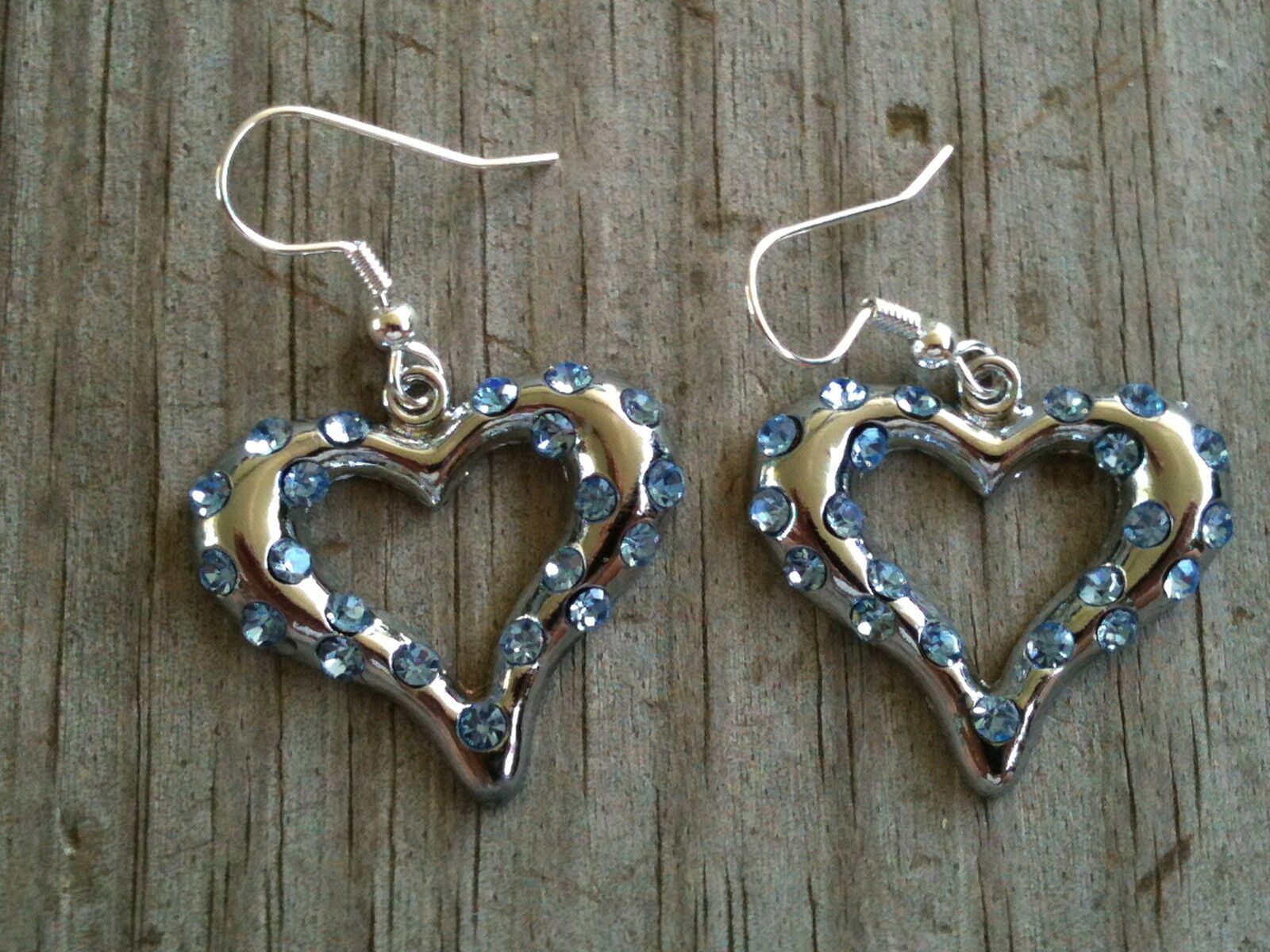 Light Blue Sparkling Rhinestone Heart Silver Plated Earrings