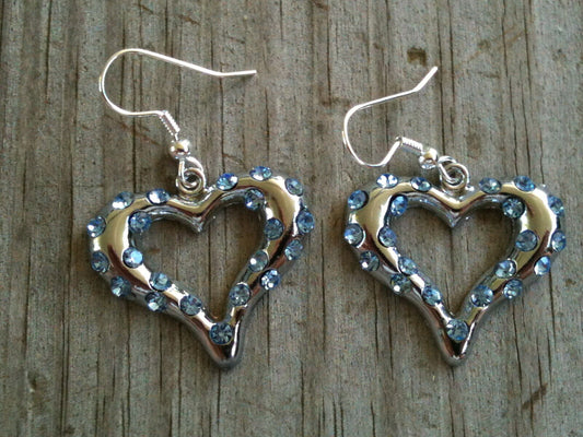 Light Blue Sparkling Rhinestone Heart Silver Plated Earrings