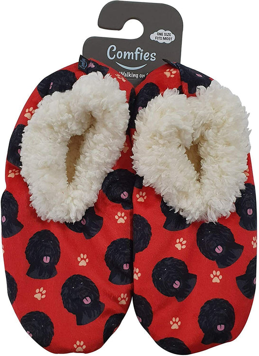 Comfies Womens Black Labradoodle Slippers - Sherpa Lined Animal Print Booties