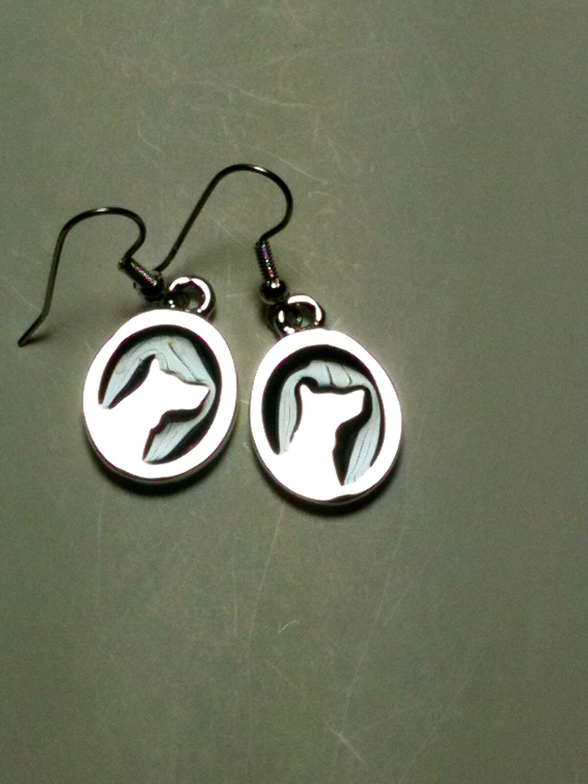 Silver Oval Dog Outline Enameled Earrings